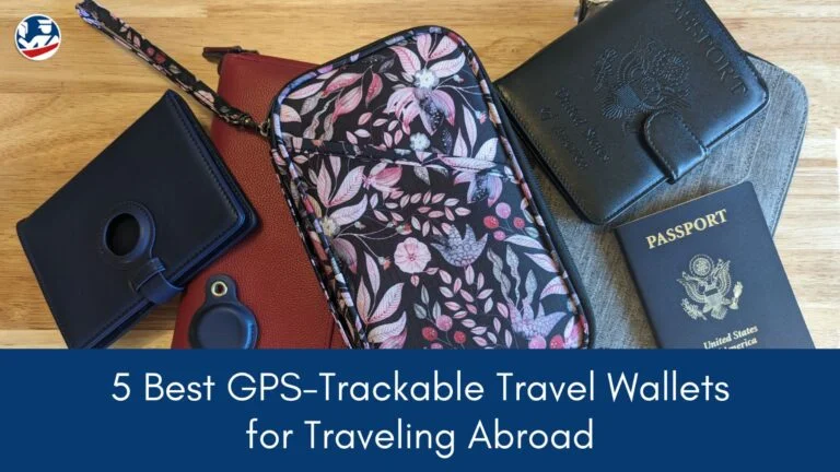 5 travel wallets with gps tracker compatibility spread across a wooden counter