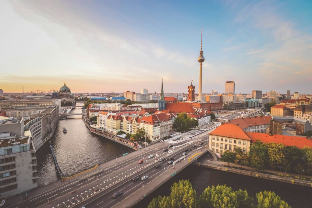 Berlin, Germany skyline view over river bridge