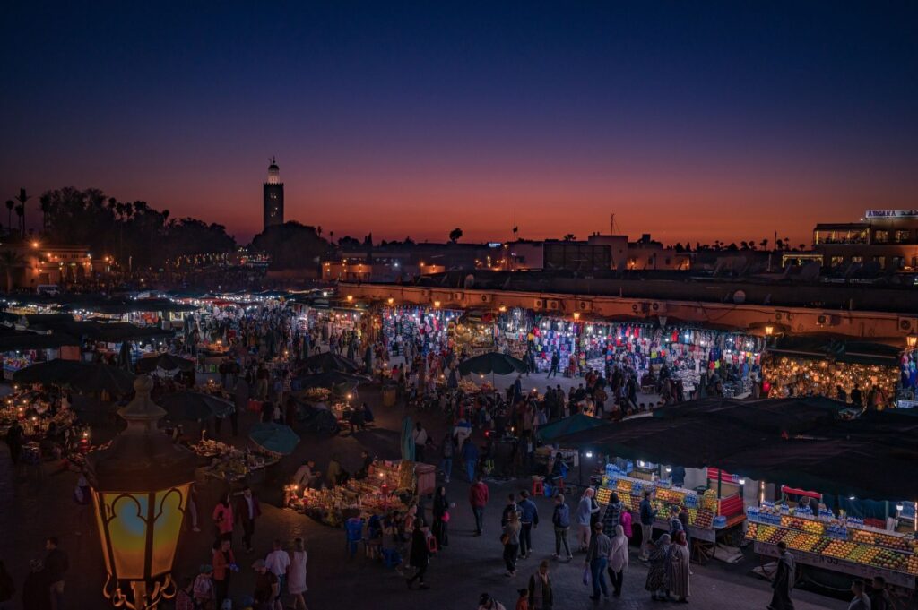 Marrakech, Morocco night market at dusk
