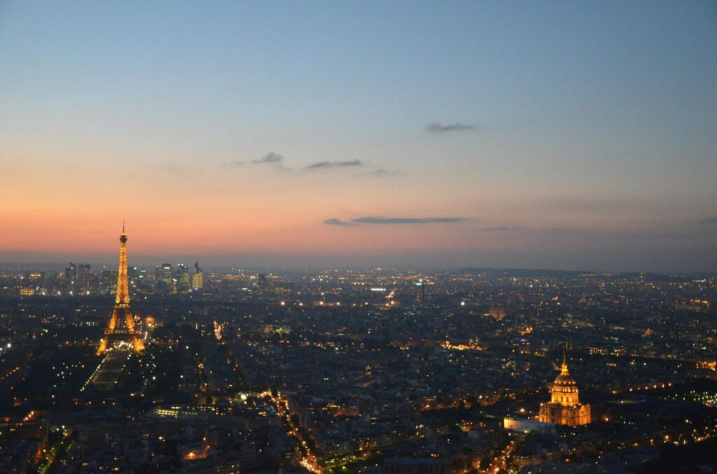 Paris, France skyline at sunset with Eiffel Tower
