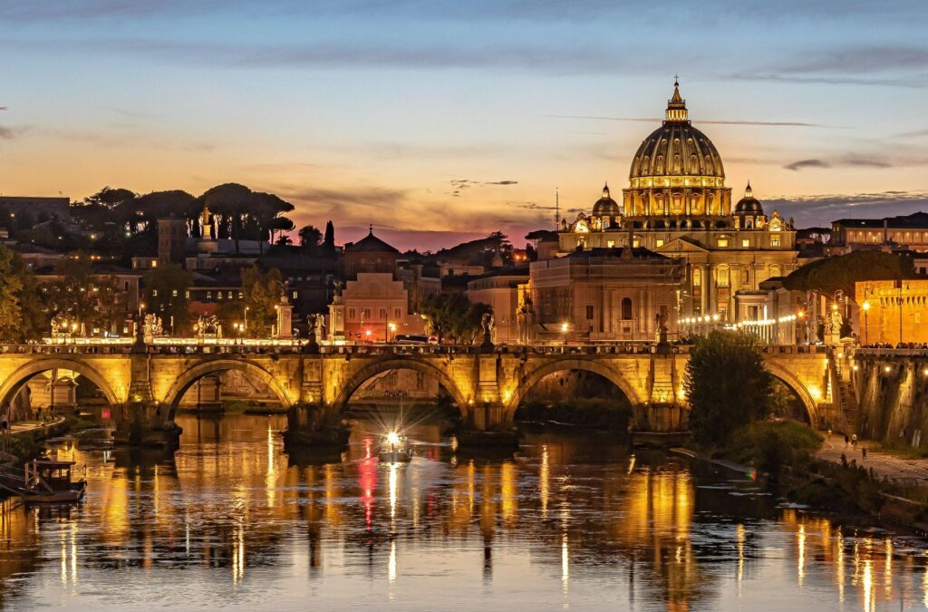 Sunset view of St. Peter's Basilica in Rome, Italy