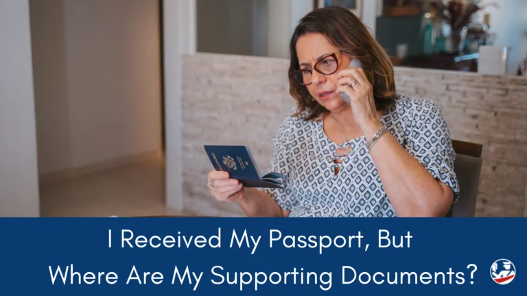 concerned woman holding passport and calling the national passport information center